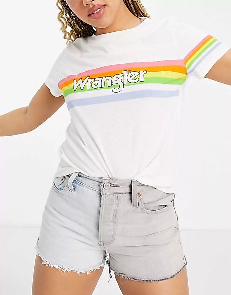 Wrangler – T-Shirt in Weiß mit Grafikdruck in Regenbogenfarben günstig online kaufen