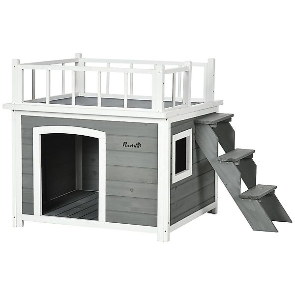PawHut Hundehütte Hundehaus mit Balkon, Hellgrau günstig online kaufen