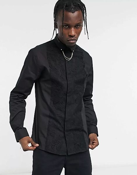Twisted Tailor – Schwarzes Smokinghemd mit Kettchen am Kragen günstig online kaufen