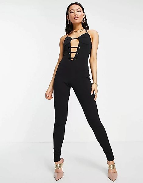 Missy Empire – Jumpsuit mit Zierausschnitt in Schwarz günstig online kaufen