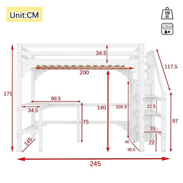 Flieks Hochbett Doppelbett Kinderbett 140x200cm mit Schreibtisch und Kleide günstig online kaufen