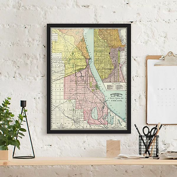 Bild mit Rahmen Vintage Karte Chicago günstig online kaufen