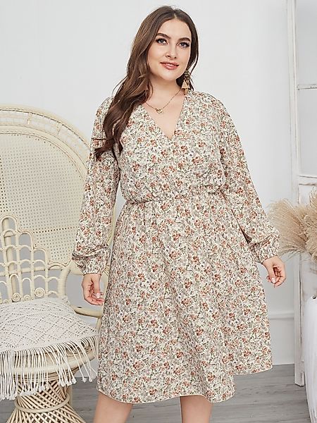 Plus Size V-Ausschnitt Blumendruck Wickeldesign Lange Ärmel Midi Kleid günstig online kaufen