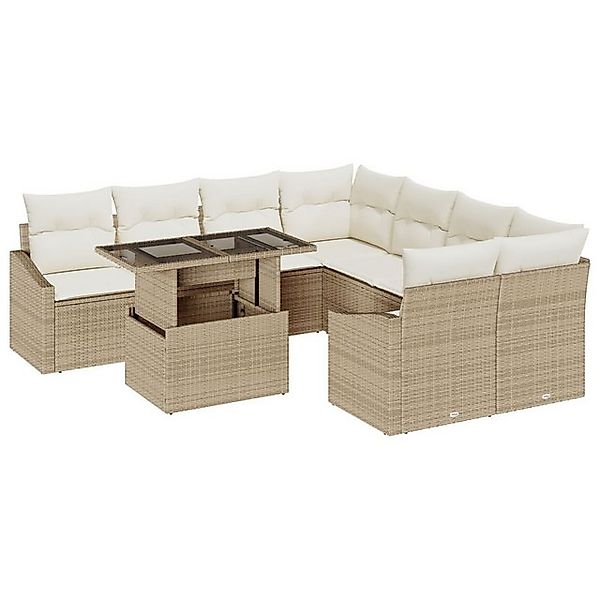 vidaXL Loungesofa 9-tlg. Garten-Sofagarnitur mit Kissen Beige Poly Rattan, günstig online kaufen
