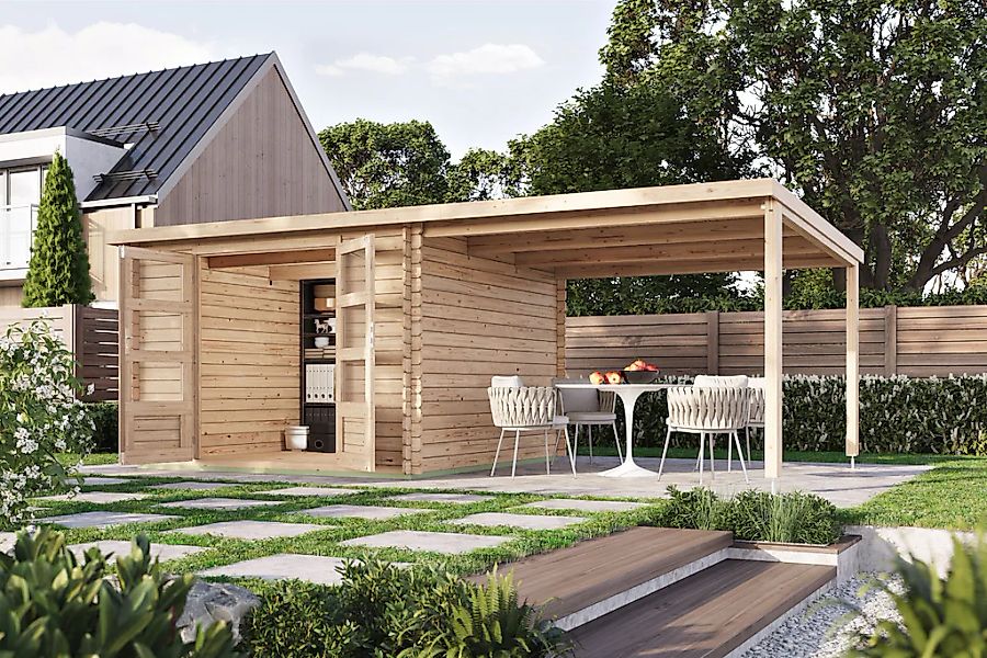 Karibu Gartenhaus ""Remus" Pultdach 2,97x2,97m inkl Anbaudach 3m naturbelas günstig online kaufen
