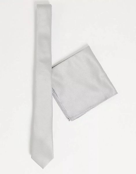 ASOS DESIGN – Schmale Krawatte und Einstecktuch in silber-Grau günstig online kaufen