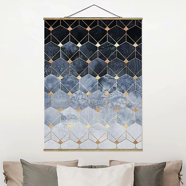 Stoffbild Abstrakt mit Posterleisten - Hochformat Blaue Geometrie goldenes günstig online kaufen