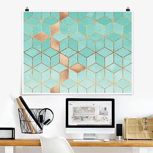 Poster Abstrakt - Querformat Türkis Weiß goldene Geometrie günstig online kaufen