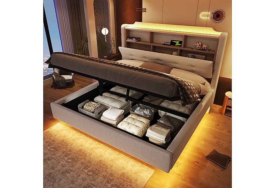 Merax Polsterbett 140×200cm mit LED-Lichtleiste und USB- & Typ-C-Anschlüsse günstig online kaufen
