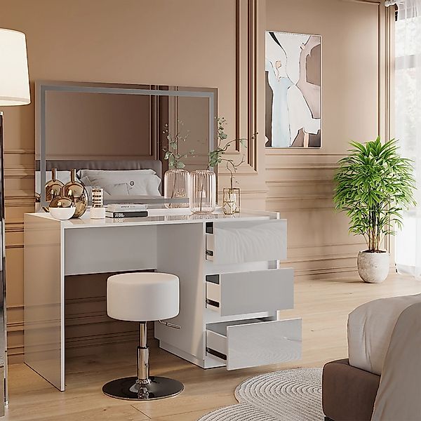 Vicco Schminktisch Marla Weiß Hochglanz 120 cm mit LED-Spiegel und Hocker günstig online kaufen