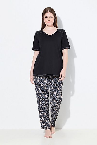 Ulla Popken Pyjama Pyjama Blätter V-Ausschnitt Halbarm günstig online kaufen