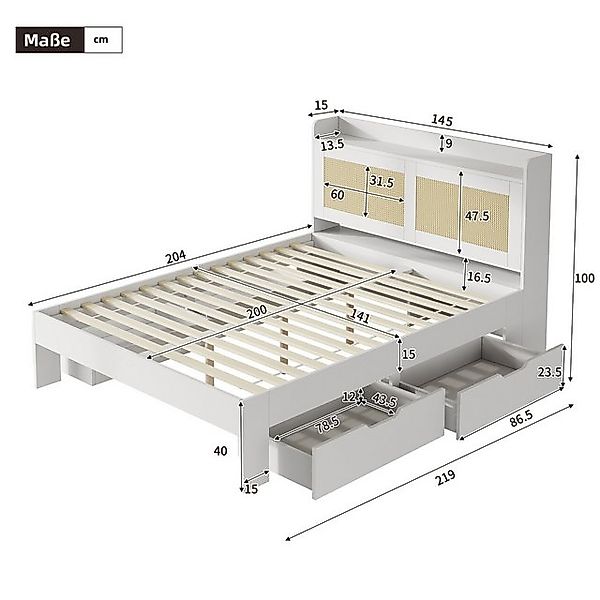 Flieks Holzbett, Doppelbett Stauraumbett 140x200cm mit Rattan-Dekor und 4 S günstig online kaufen