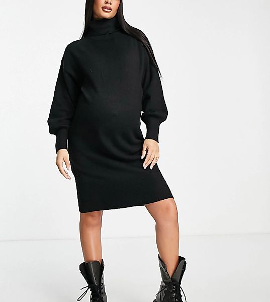 Pieces – Umstandsmode – Hochgeschlossenes Pulloverkleid in Schwarz mit volu günstig online kaufen