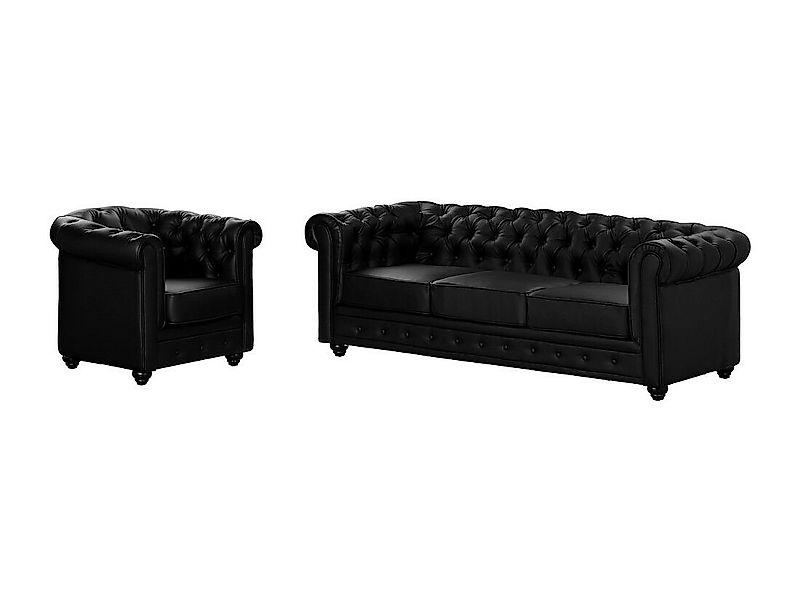 Sofa 3-Sitzer und Sessel - Kunstleder - Schwarz - CHESTERFIELD günstig online kaufen