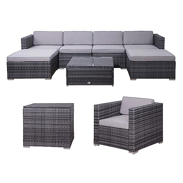 Svita Lugano XL Gartenlounge Polyrattan Sessel Tisch Bank Kissenbox Grau günstig online kaufen