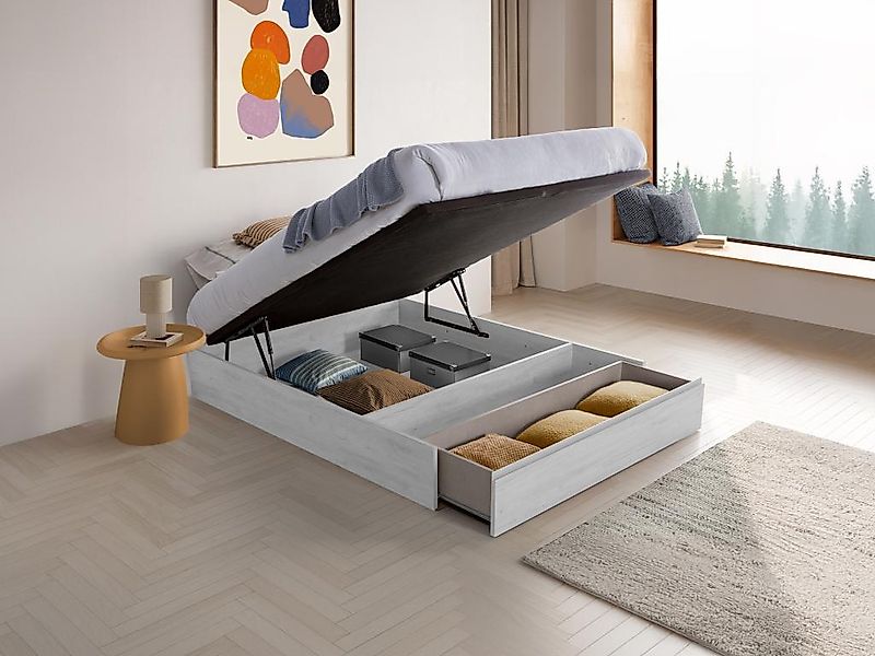 Bettgestell mit Bettkasten mit Schublade - 140 x 190 cm - Weiß - HESTIA von günstig online kaufen