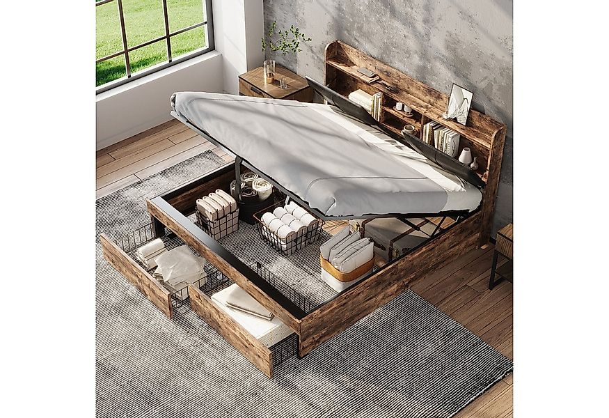 STILVORA Metallbett 140x200 Metallbett Holzbett mit Stauraum,Hydraulikbett günstig online kaufen