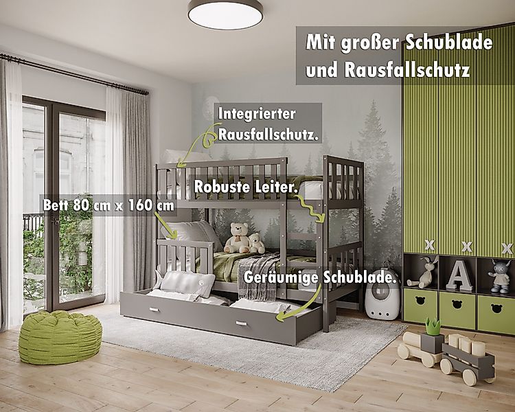 AJKmeble Hochbett mit Rausfallschutz, Etagenbett 80x160cm, günstig online kaufen