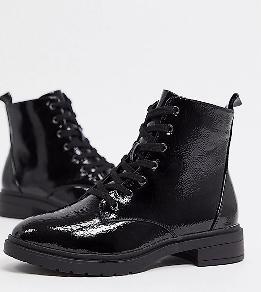 New Look Wide Fit – Flache Lack-Ankle-Boots zum Schnüren in Schwarz günstig online kaufen