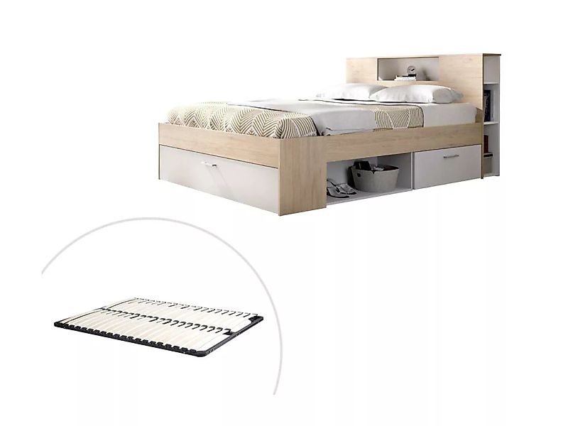 Bett mit Stauraum & Schubladen + Lattenrost - 160 x 200 cm - Weiß & Naturfa günstig online kaufen