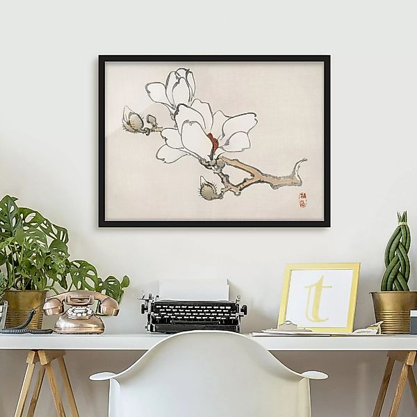 Bild mit Rahmen Blumen - Querformat Asiatische Vintage Zeichnung Weiße Magn günstig online kaufen