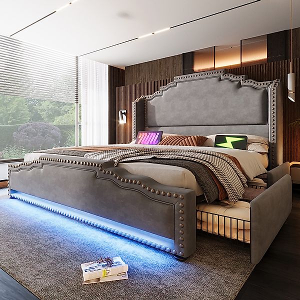 Flieks Polsterbett, Doppelbett 140x200cm mit LED-Beleuchtung günstig online kaufen