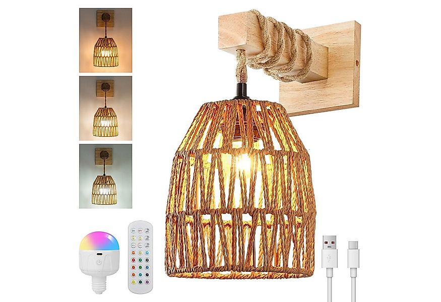 Rosnek Wandleuchte Innen Retro Wandlampe LED aus Rattan Wiederaufladbar Akk günstig online kaufen
