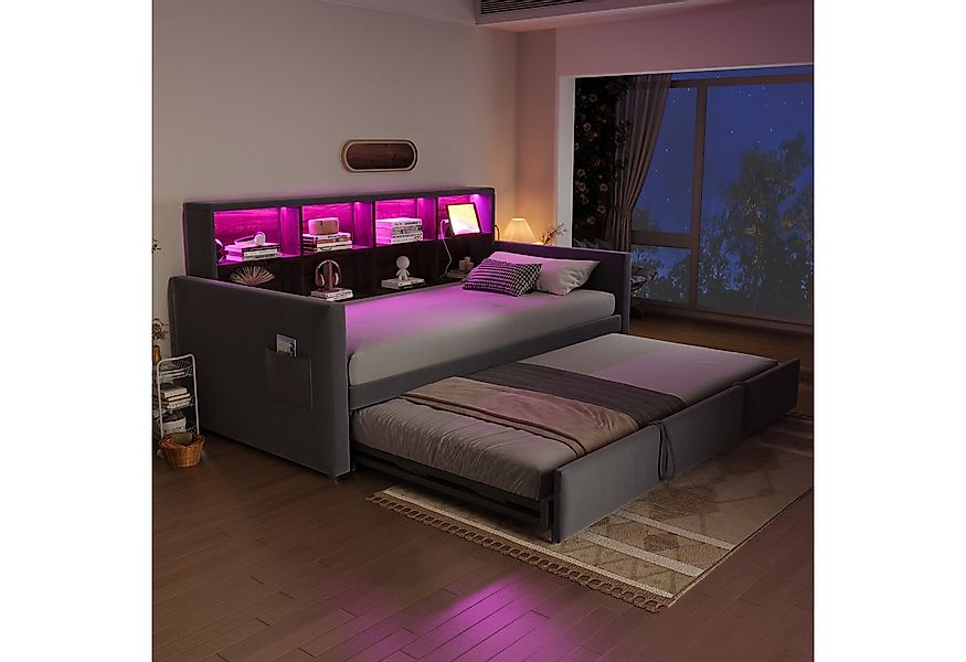 REDOM Schlafsofa mit Ausziehfunktion, LED-Lichtleiste & integrierten Ladean günstig online kaufen
