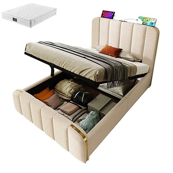 Gotagee Polsterbett Einzelbett Beige Leinen Hydraulisches Lagerbett 90X200c günstig online kaufen