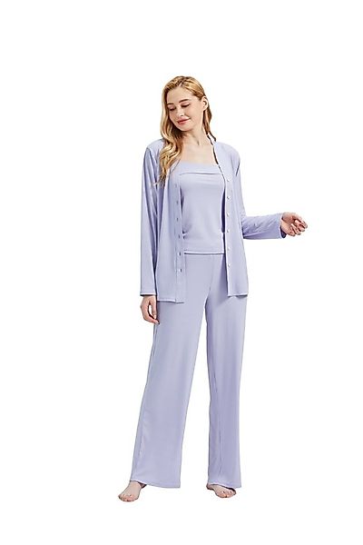 M-Diamant Schlafanzug Damen Pyjama-Set Damenwäsche V-Ausschnitt 3 teilig (S günstig online kaufen