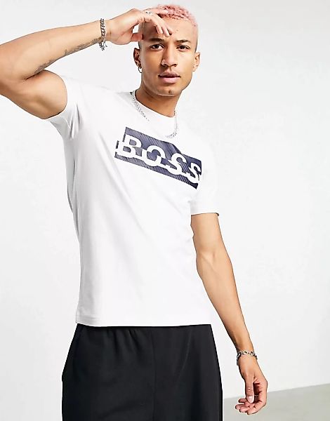 BOSS – Athleisure Tee 4 – Weißes T-Shirt mit großem Logo günstig online kaufen
