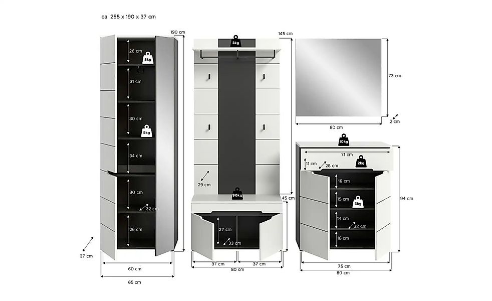 Garderobenkombination   ¦ grau ¦ Maße (cm): B: 255 H: 190 Garderoben & Klei günstig online kaufen