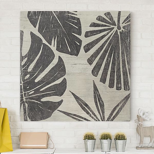 Leinwandbild Botanik - Quadrat Palmenblätter vor Hellgrau günstig online kaufen