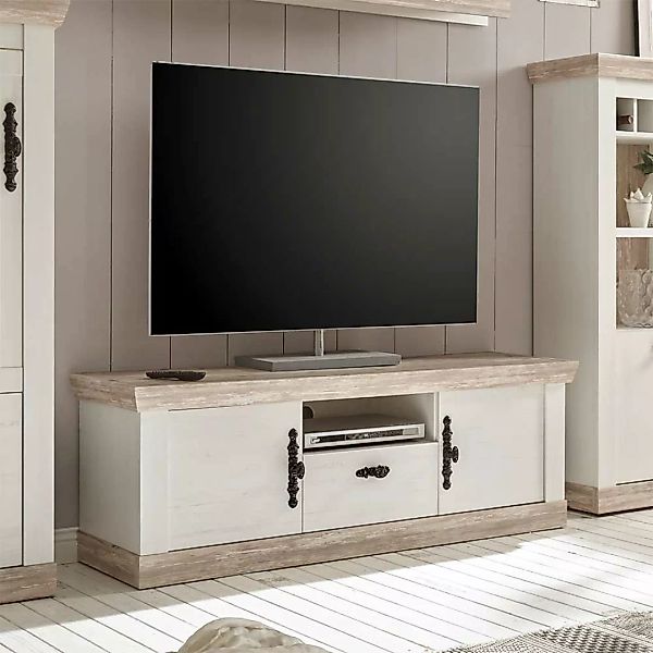TV Lowboard im Landhaus Design Pinie Weiß günstig online kaufen