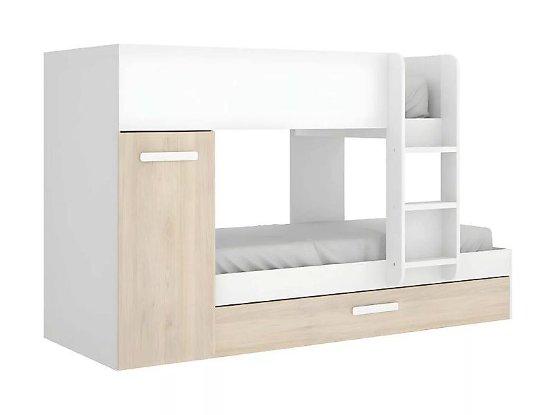Etagenbett Ausziehbett mit Stauraum - 3x 90 x 190 cm - Weiß & Naturfarben - günstig online kaufen