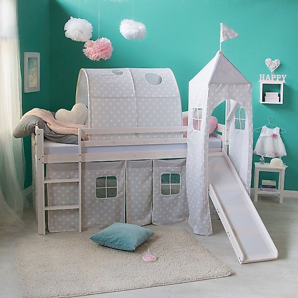 Homestyle4u Hochbett 90x200 Weiß mit Vorhang günstig online kaufen