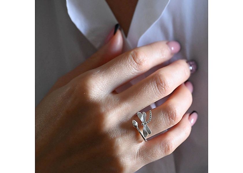 Runde Perlé Silberring Zarte Libelle, handgefertigter offener Ring, 925er S günstig online kaufen