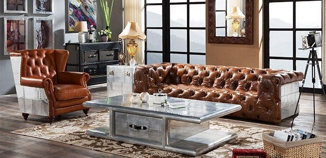 JVmoebel Sofa Ledersofa 3 Sitzer Vintage Leder Möbel Dreisitzer Couch Alumi günstig online kaufen