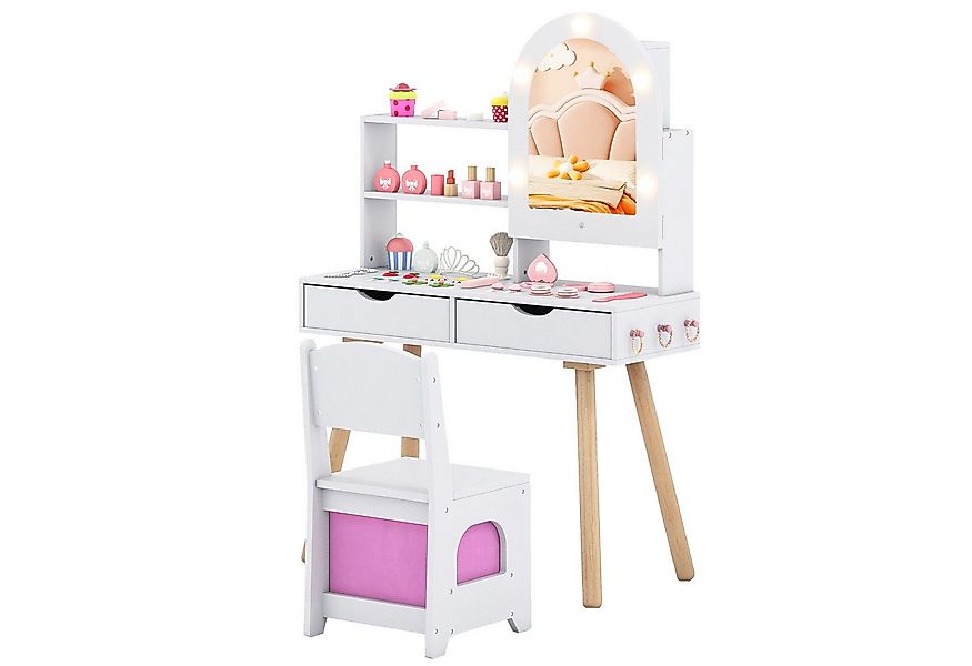 COSTWAY Schminktisch, Kinderschminktisch-Set mit Spiegel mit 3-Farbbeleucht günstig online kaufen