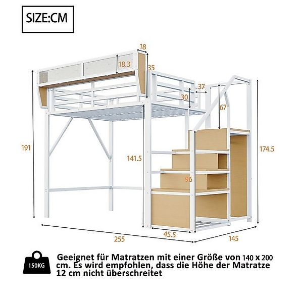 Odikalo Hochbett Jugendbett Metallbett mit Sicherheitsleiter&Staufach, 140x günstig online kaufen