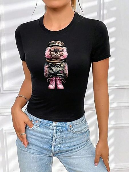 RMK T-Shirt Damen Shirt mit Print kurzarm Rundhalsshirt coole Katzen Cat Mo günstig online kaufen