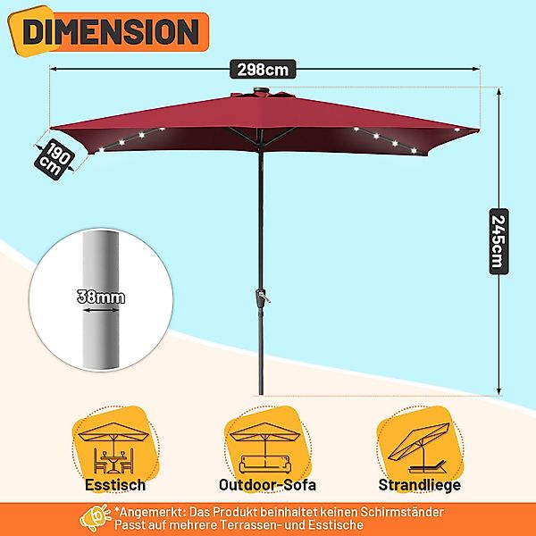 Clanmacy Sonnenschirm Rechteckig LED Solar Gartenschirm günstig online kaufen