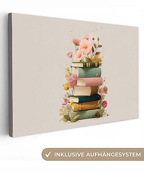 OneMillionCanvasses® Leinwandbild Bücher - Stapel - Blumen - Farbenfroh, Fo günstig online kaufen