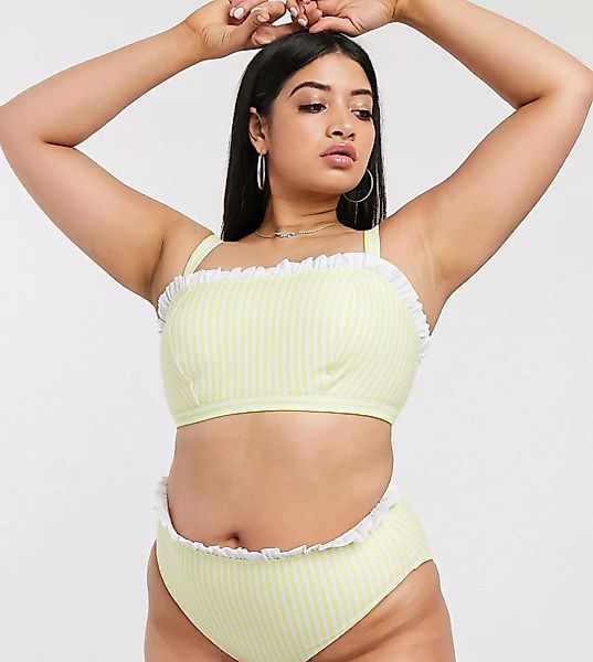 Peek & Beau Curve – Exclusive – Gelb gestreifte Bikinihose mit hoher Taille günstig online kaufen