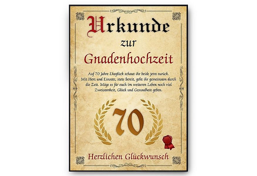 Tigerlino Poster Urkunde zum 70. Hochzeitstag Geschenk 70. Jahrestag Karte günstig online kaufen