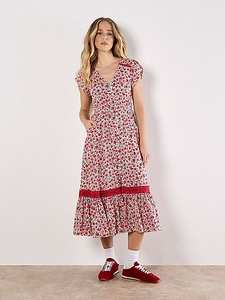 Apricot Druckkleid Ditsy Floral Button Down Midikleid mit Volant und Spitze günstig online kaufen