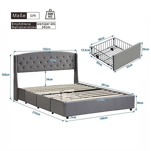 HAUSS SPOLE Polsterbett 140x200 mit Lattenrost und 4 Bettschubkästen Samt o günstig online kaufen