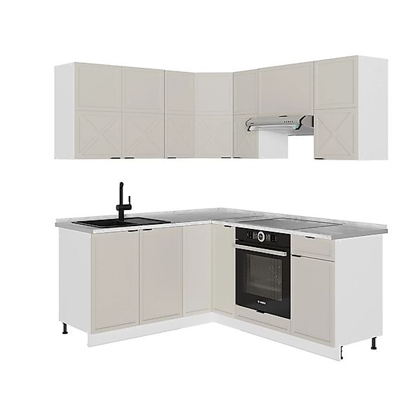 Vicco Fame-Line Eckküche GrauBeige/Weiß 160 x 190 cm AP Marmor ohne E-Gerät günstig online kaufen