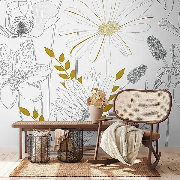 PROFHOME 392131-GU Fototapete Blumen Matt Weiß Schwarz Gelb 1,59 m x 2,8 m günstig online kaufen