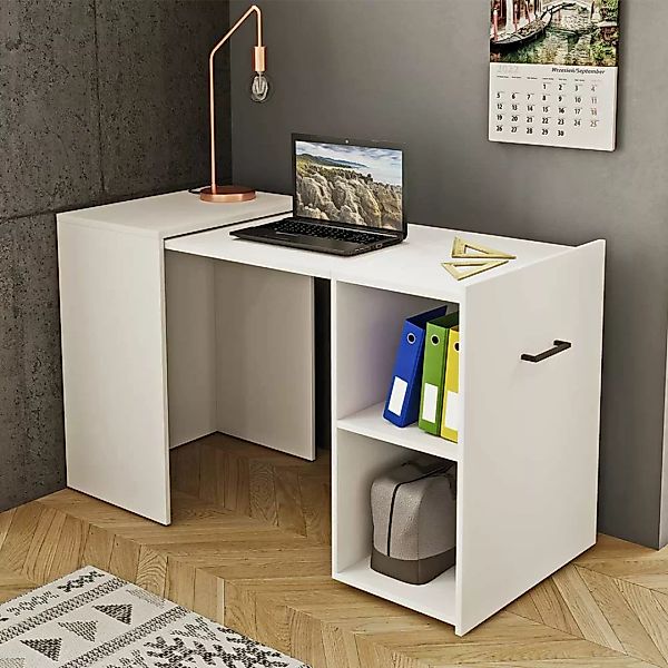 Ausziehbarer Home Office Tisch in Weiß Seitenregal günstig online kaufen